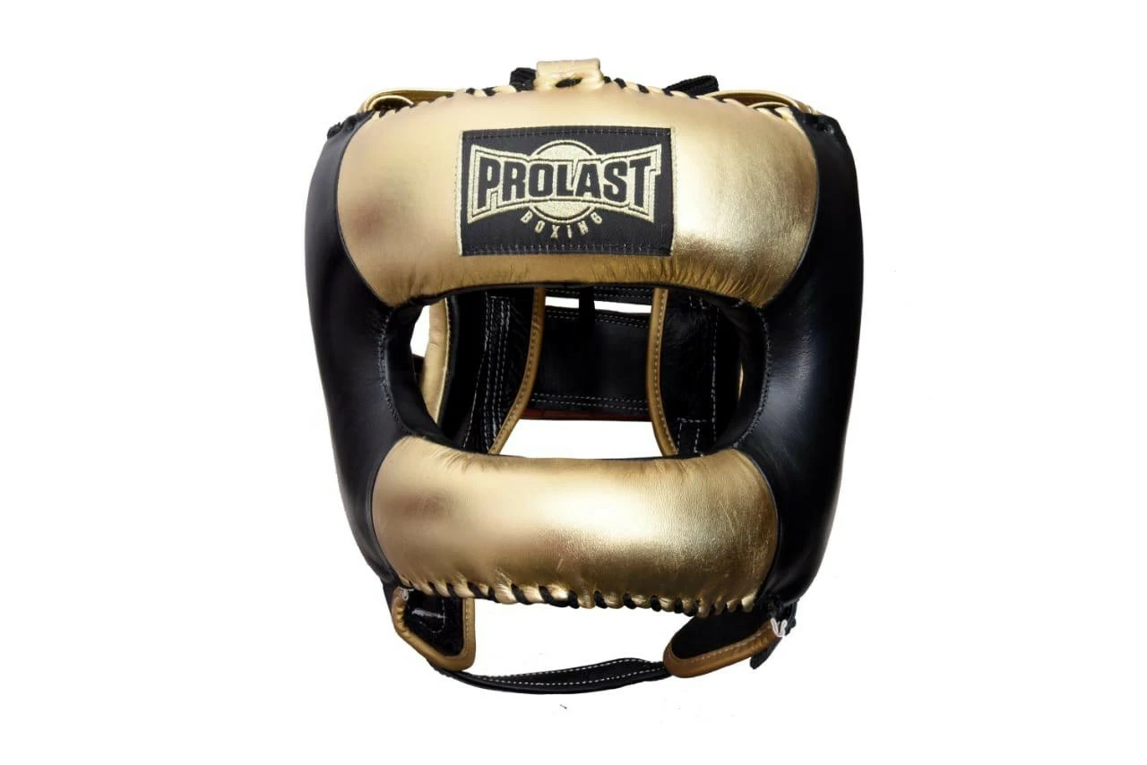 PROLAST Face Saver Leather Boxing Headgear With Nylon Face Bar - Gold/ Black Color
